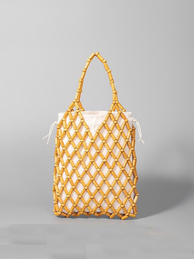Tote Bag z Plecionymi Drewnianymi Koralikami w Kształcie Hollow-Out