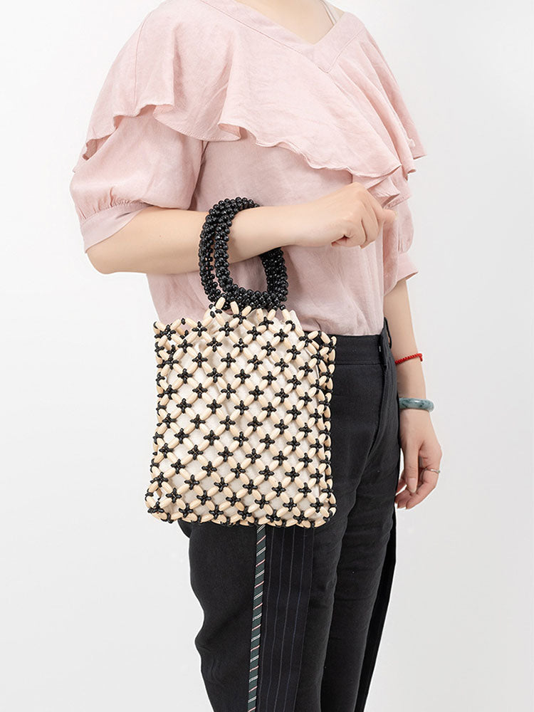 Torba Woven Tote z Drewnianymi Koralikami w Kolorach Blokowych