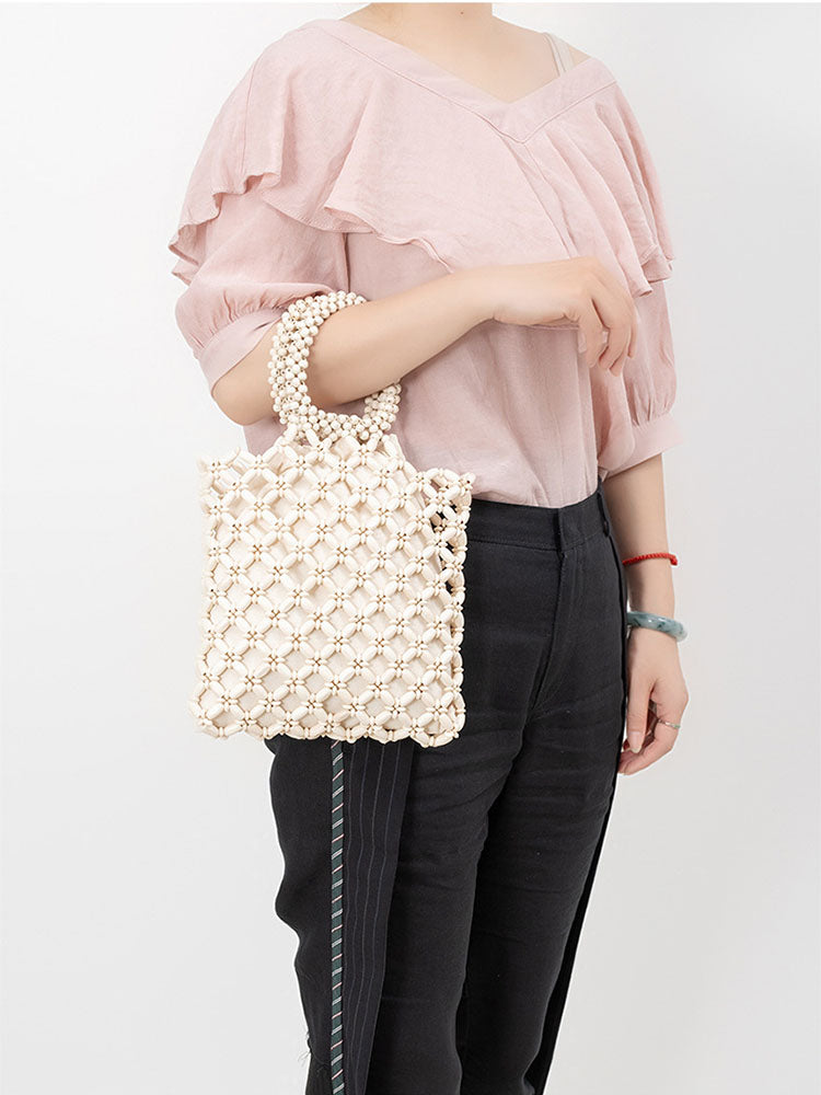 Torba Woven Tote z Drewnianymi Koralikami w Kolorach Blokowych