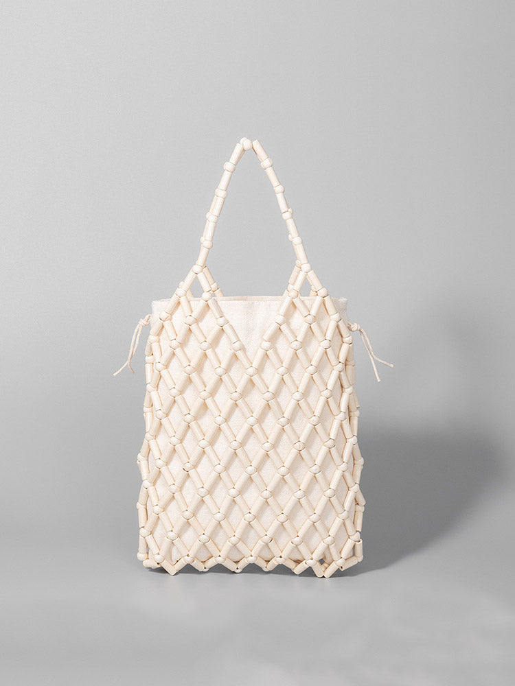 Tote Bag z Plecionymi Drewnianymi Koralikami w Kształcie Hollow-Out