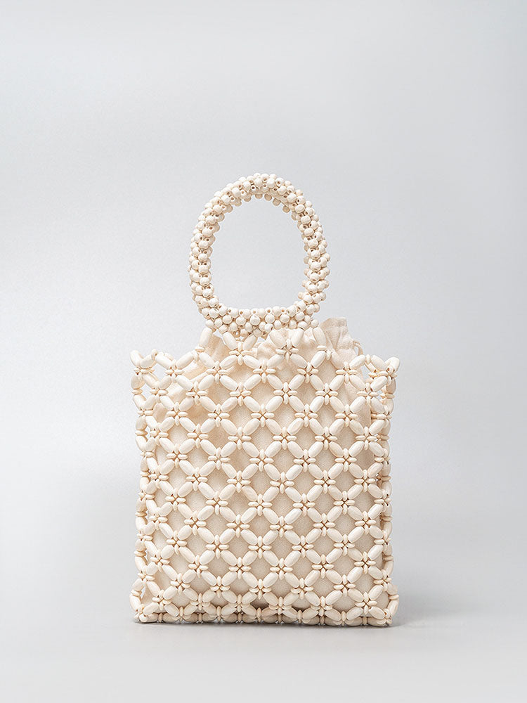 Torba Woven Tote z Drewnianymi Koralikami w Kolorach Blokowych
