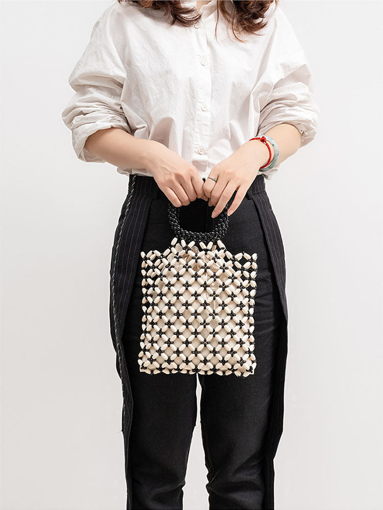 Torba Woven Tote z Drewnianymi Koralikami w Kolorach Blokowych