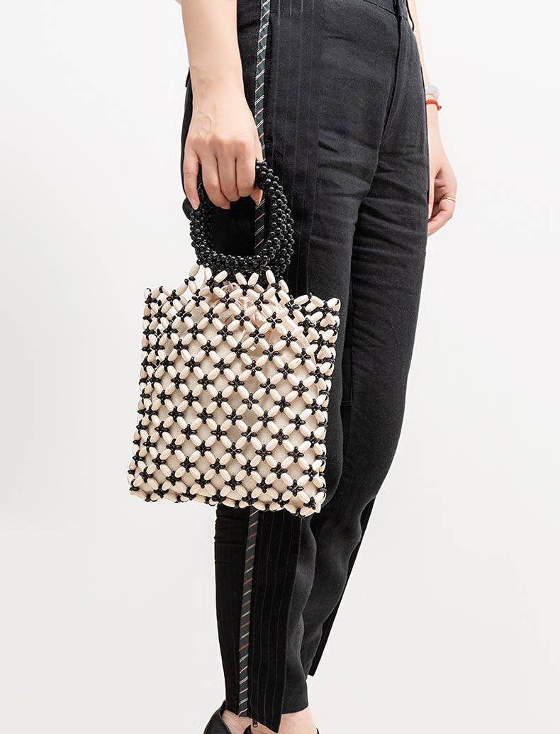 Torba Woven Tote z Drewnianymi Koralikami w Kolorach Blokowych