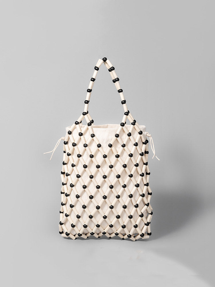Tote Bag z Plecionymi Drewnianymi Koralikami w Kształcie Hollow-Out