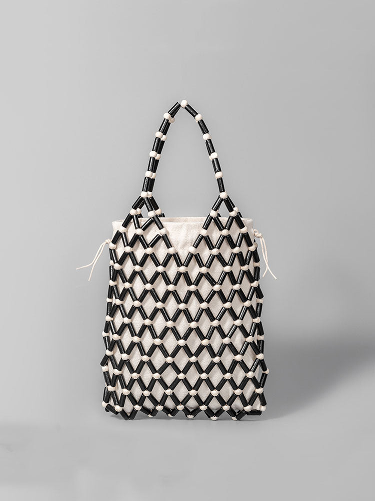 Tote Bag z Plecionymi Drewnianymi Koralikami w Kształcie Hollow-Out