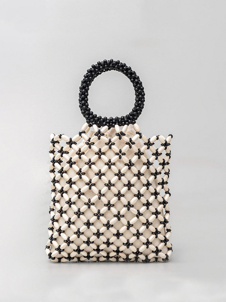 Torba Woven Tote z Drewnianymi Koralikami w Kolorach Blokowych