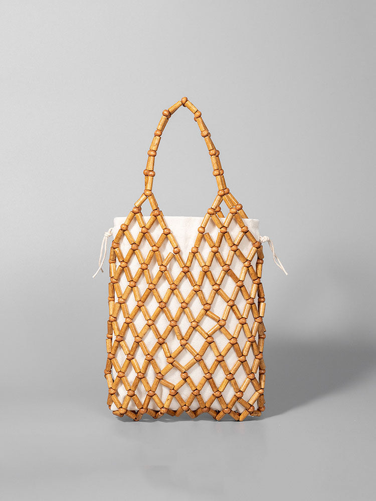 Tote Bag z Plecionymi Drewnianymi Koralikami w Kształcie Hollow-Out