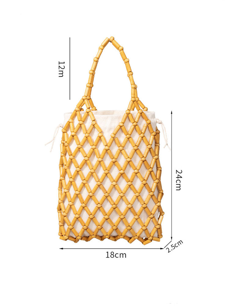 Tote Bag z Plecionymi Drewnianymi Koralikami w Kształcie Hollow-Out