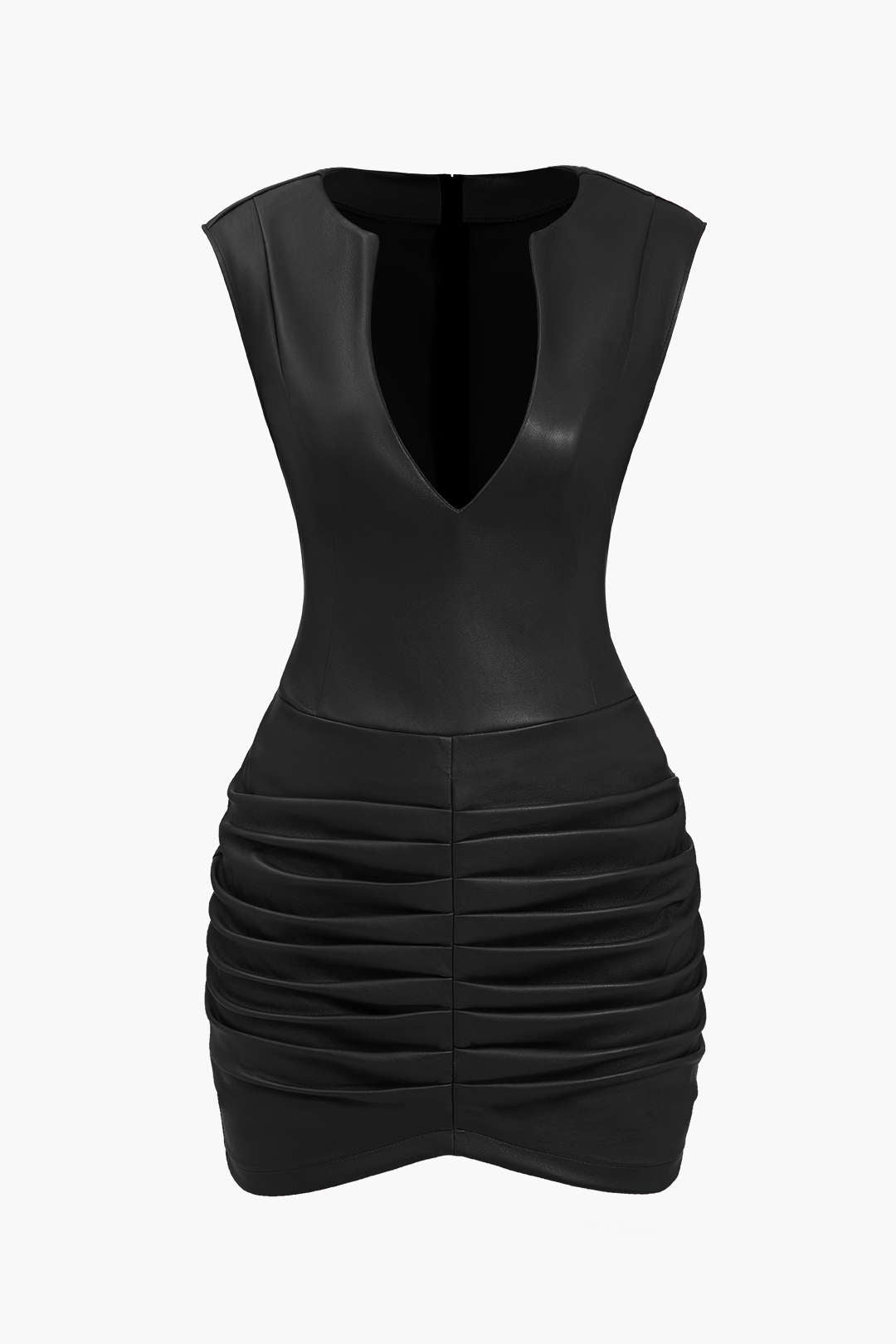 Mini Bodycon Dress with Ruched Faux Leather and V-Neck