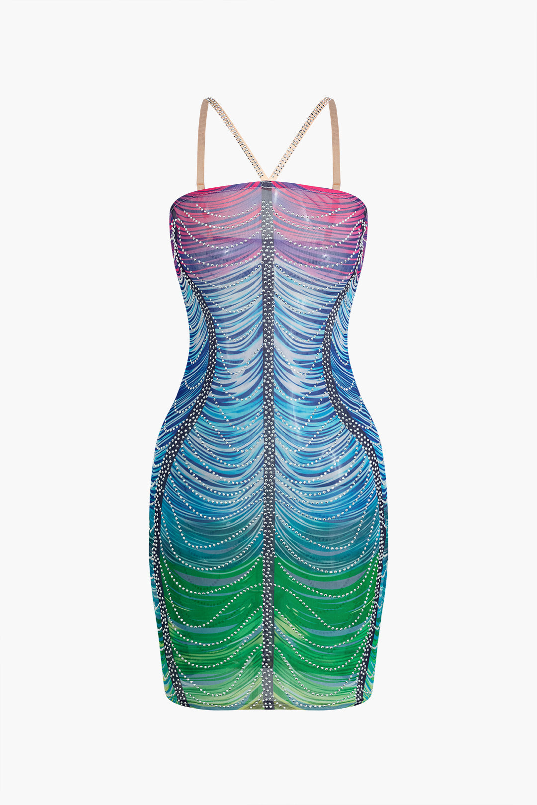 Mini Sukienka Bodycon z Kryształkami w Tęczowych Kolorach