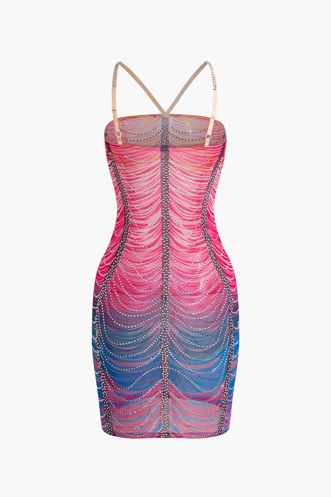 Mini Sukienka Bodycon z Kryształkami w Tęczowych Kolorach