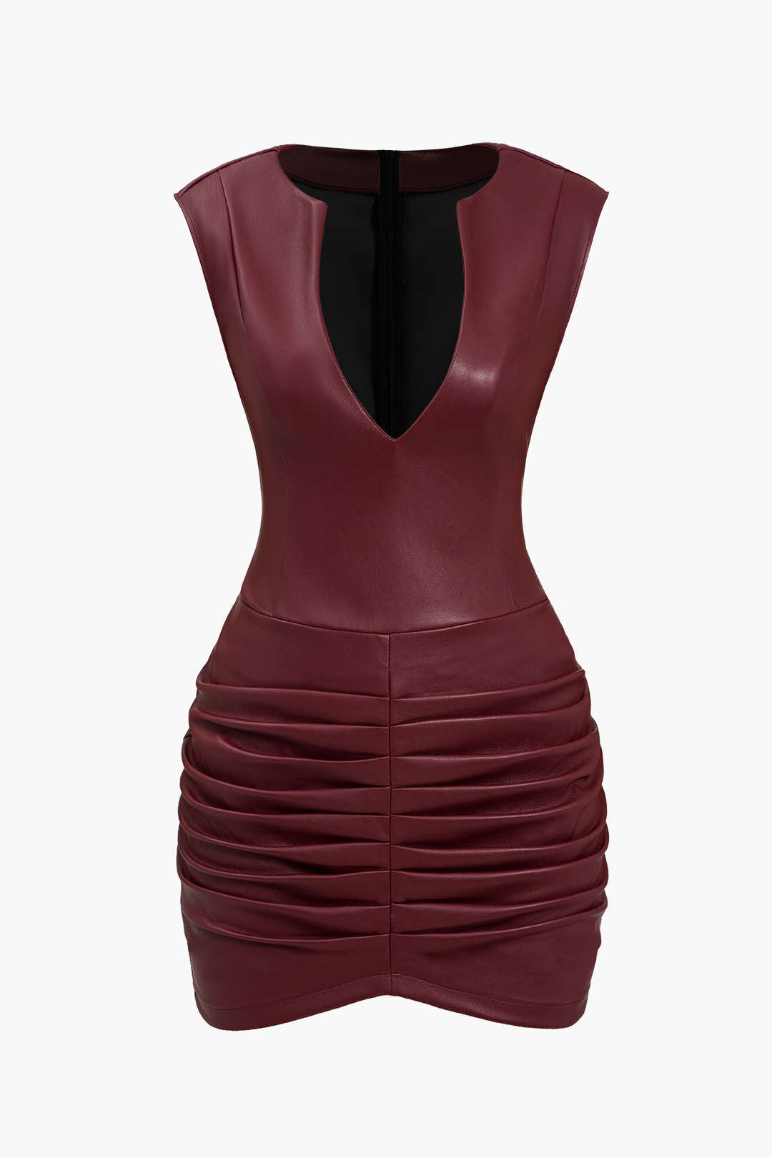 Mini Bodycon Dress with Ruched Faux Leather and V-Neck