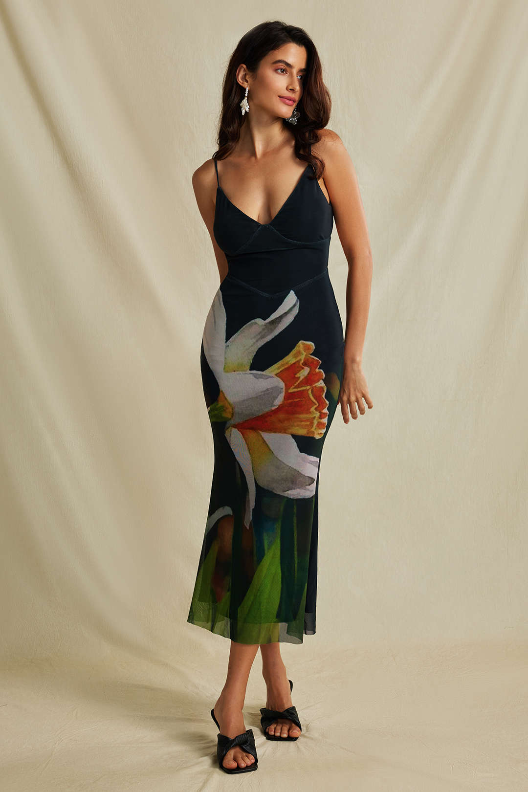 Midi Dress with Floral Print and Cross-Back Mesh Design