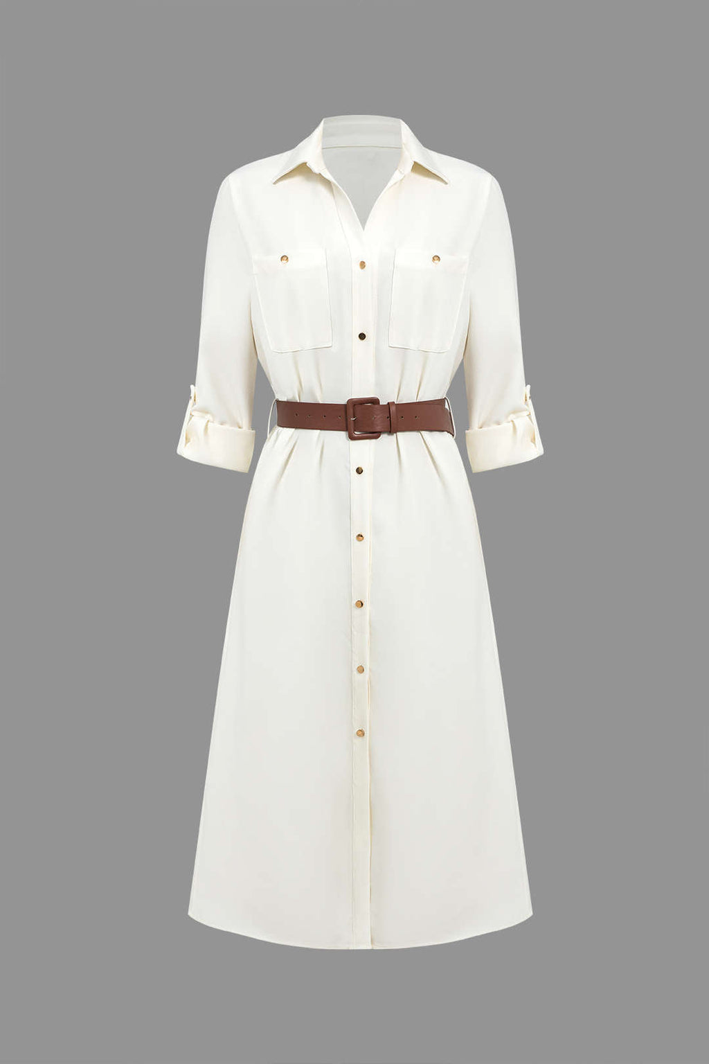 Midikleid mit langen Ärmeln, Kragen und Gürtel