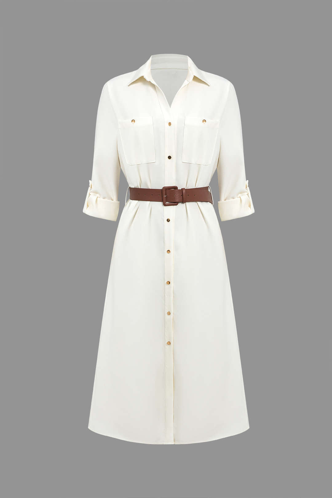 Midi dress with long sleeves, collar and belt