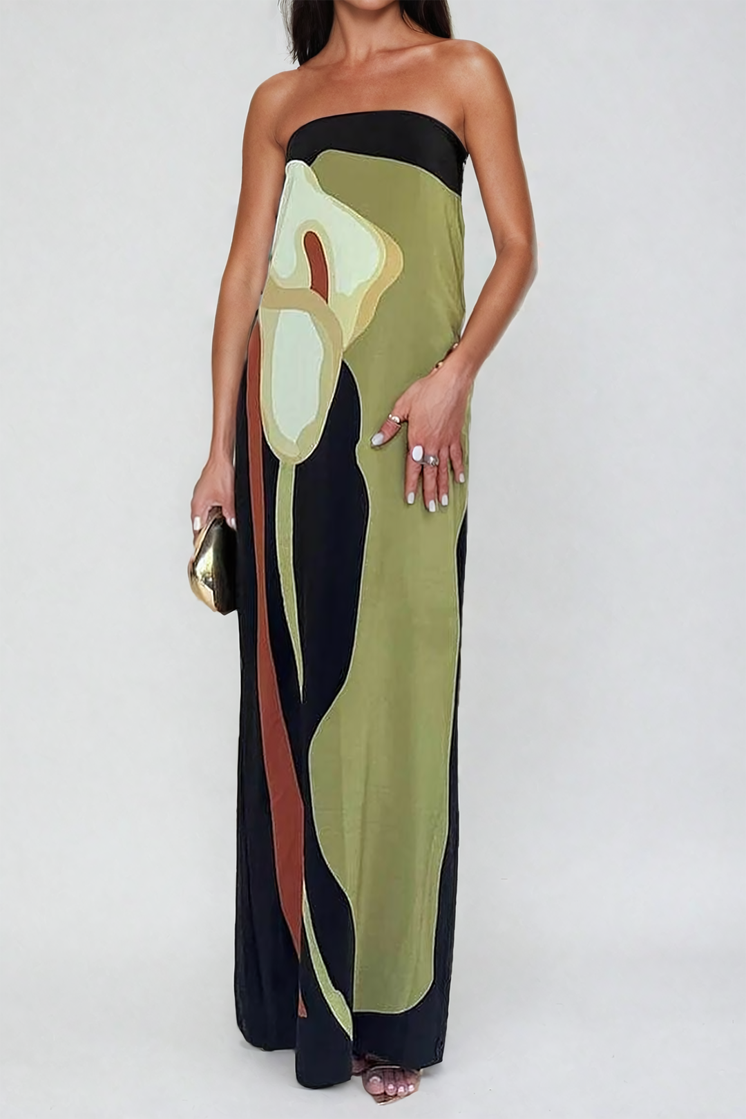 Trägerloses Maxikleid in Blockfarbe mit Schlitz