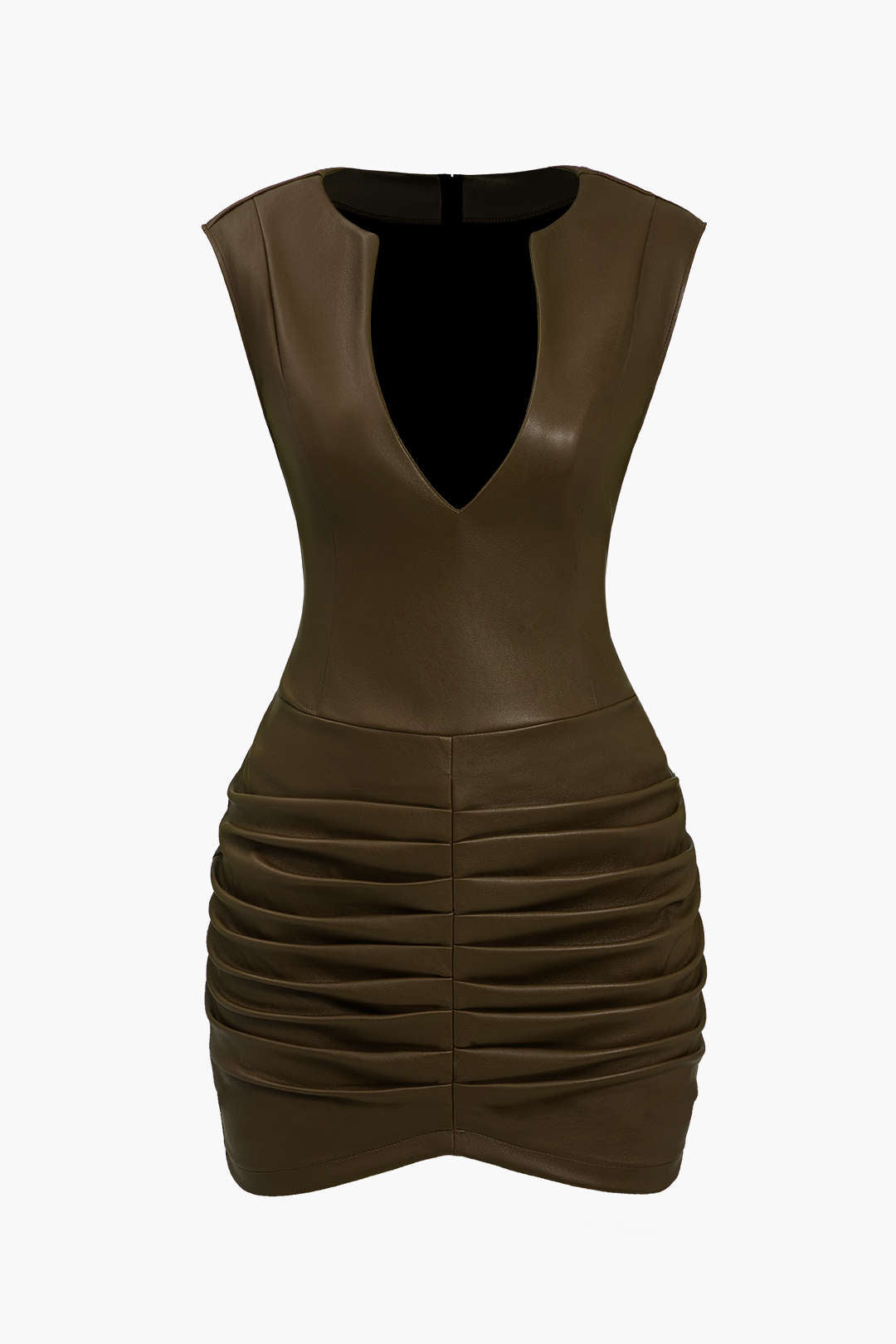 Mini Bodycon Dress with Ruched Faux Leather and V-Neck