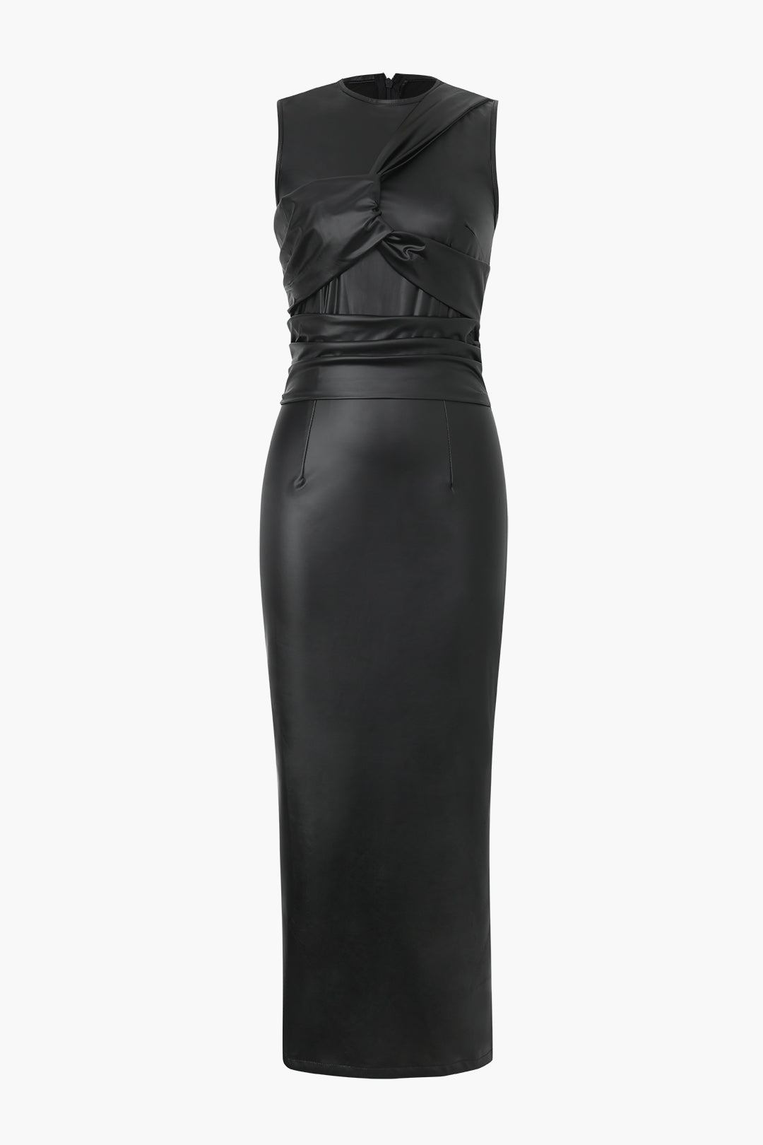 Sleeveless midi dress with gathers and slit in faux leather