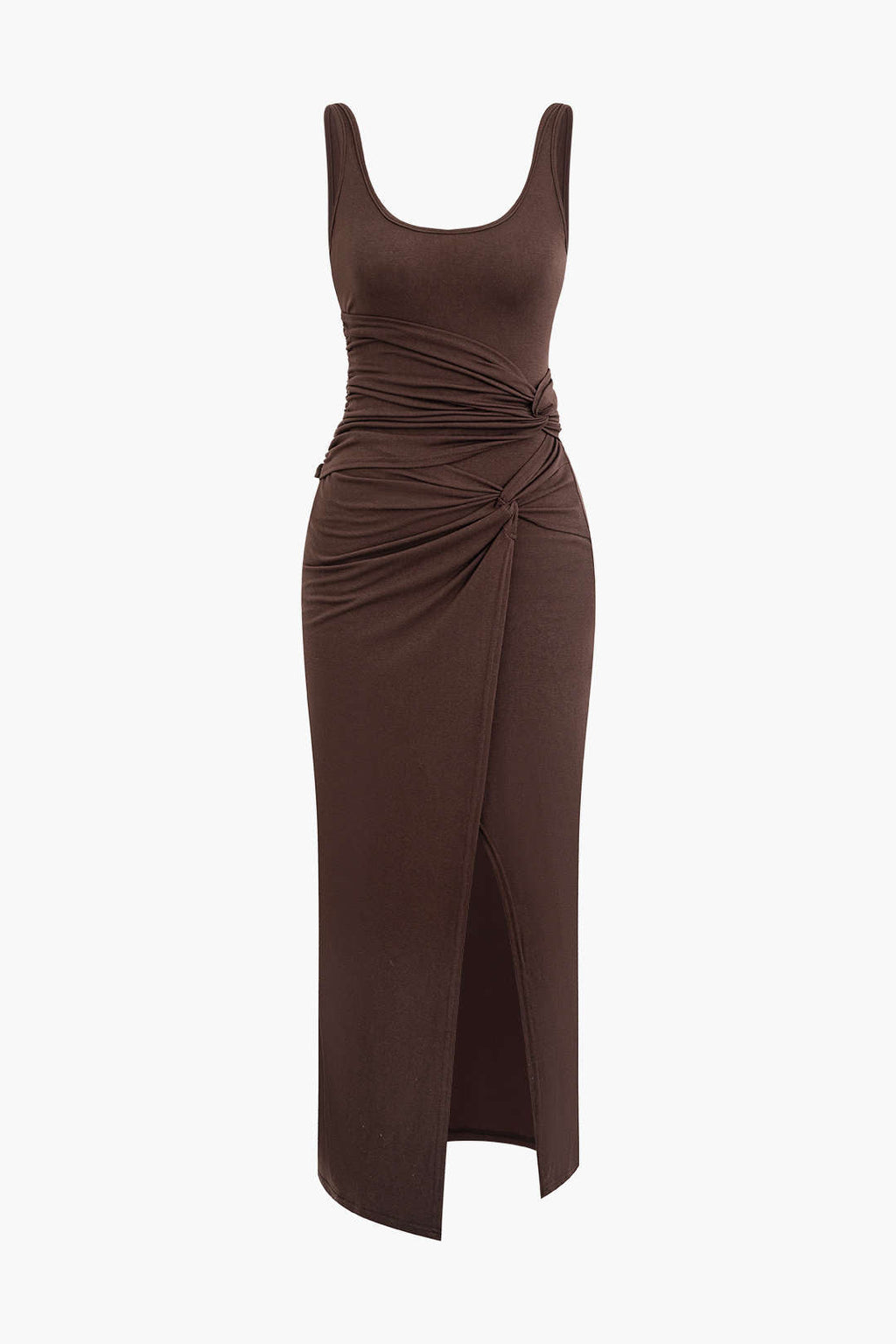 Sleeveless midi dress with ruching and slit
