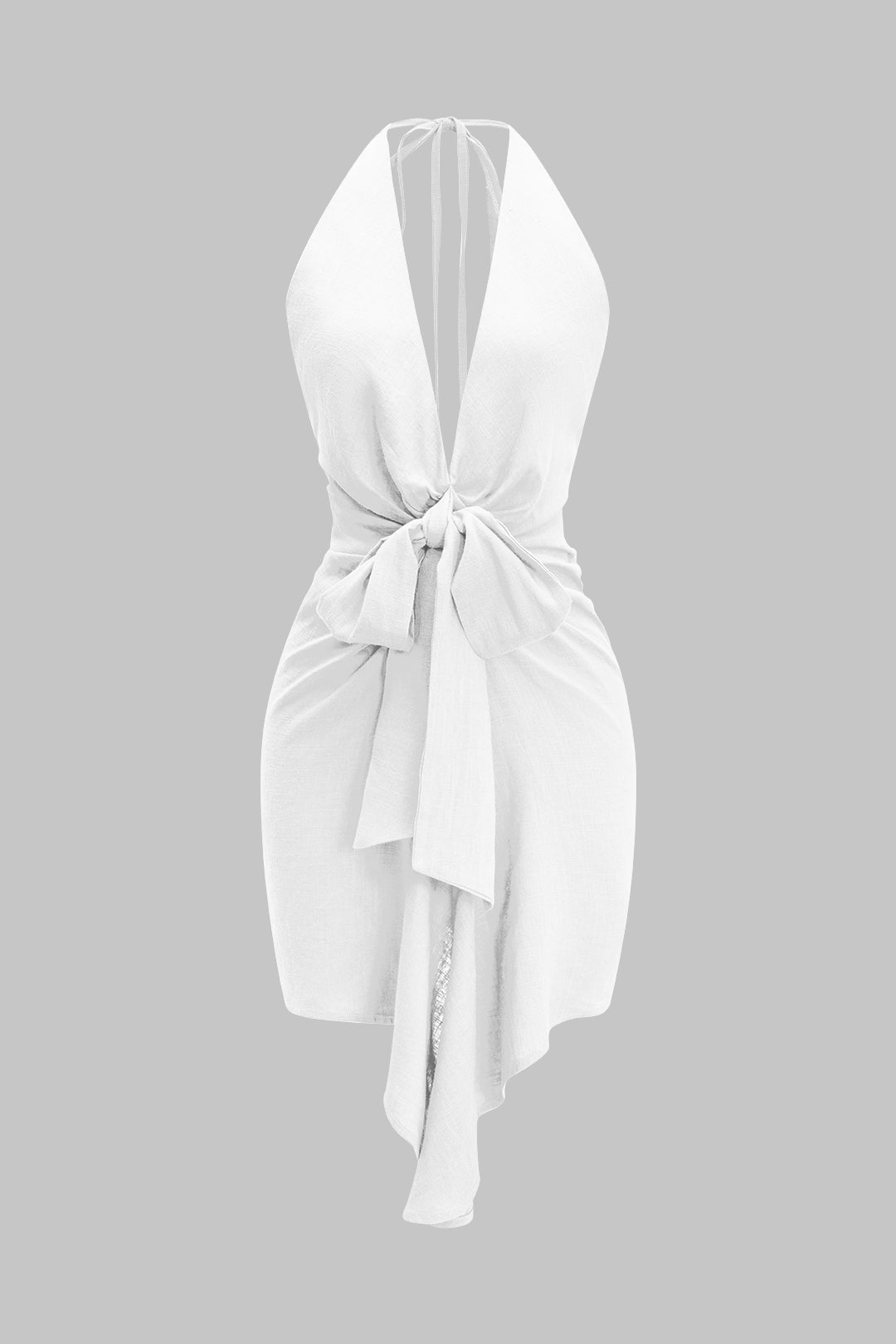 Linen V-Neck Halter Mini Dress with Tie Front and Ruched Back