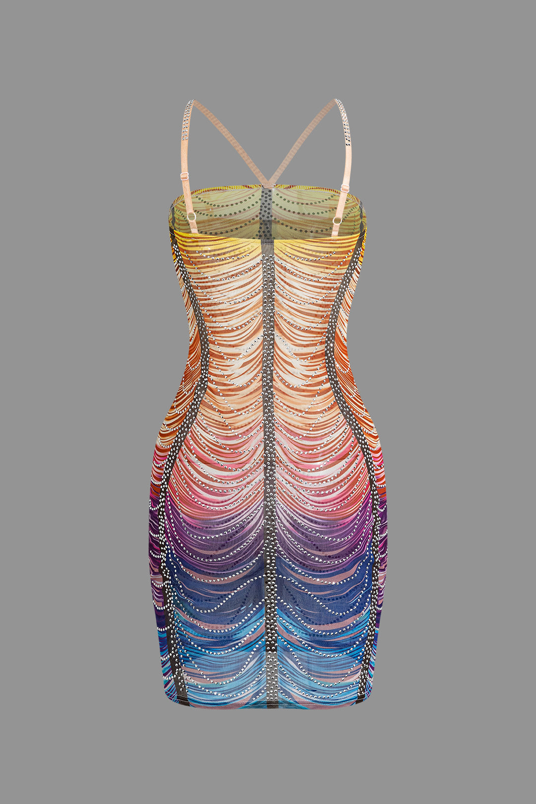 Mini Sukienka Bodycon z Kryształkami w Tęczowych Kolorach