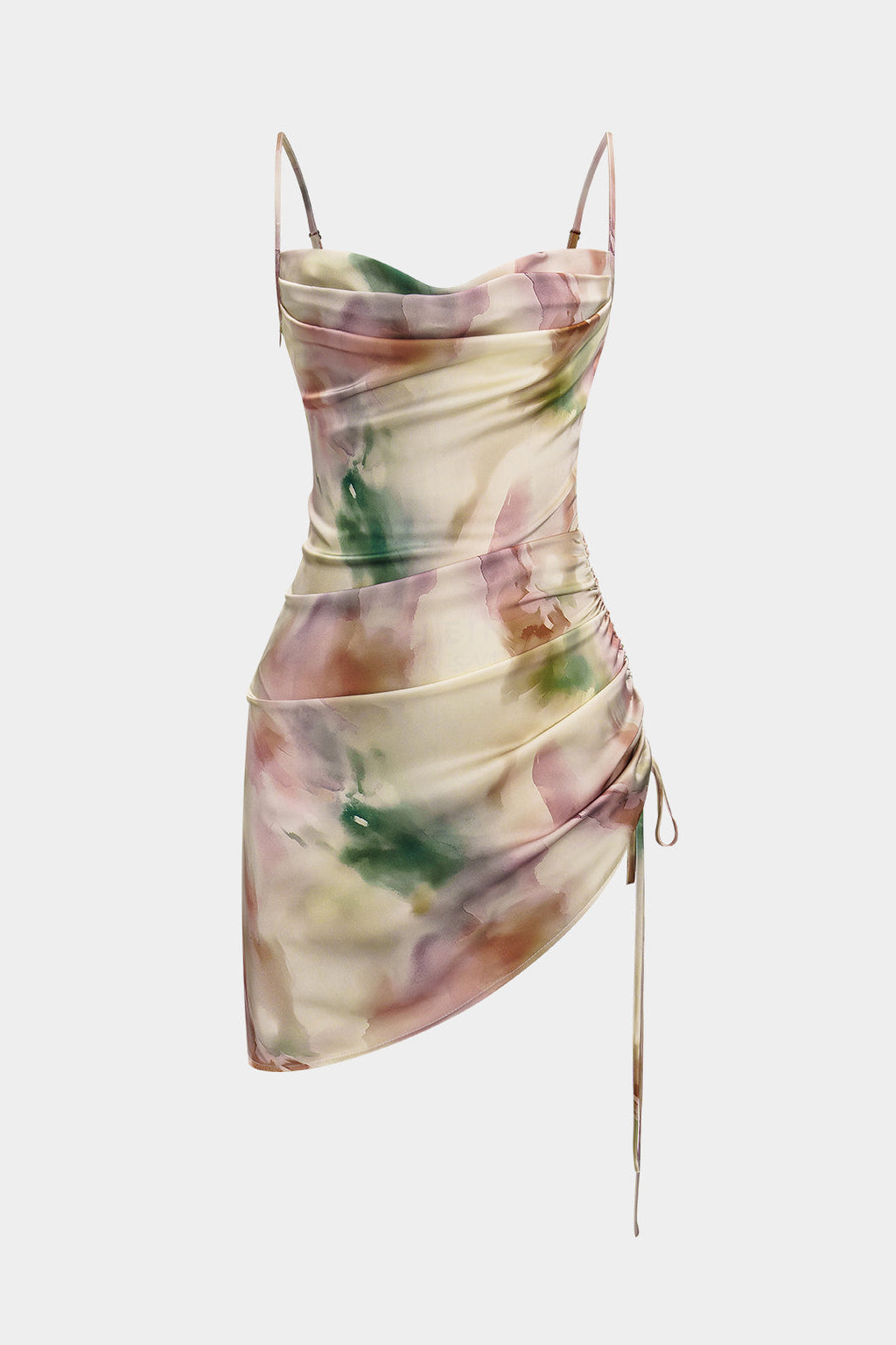 Mini sukienka bez rękawów z marszczeniem i sznurkiem w modnym stylu tie-dye