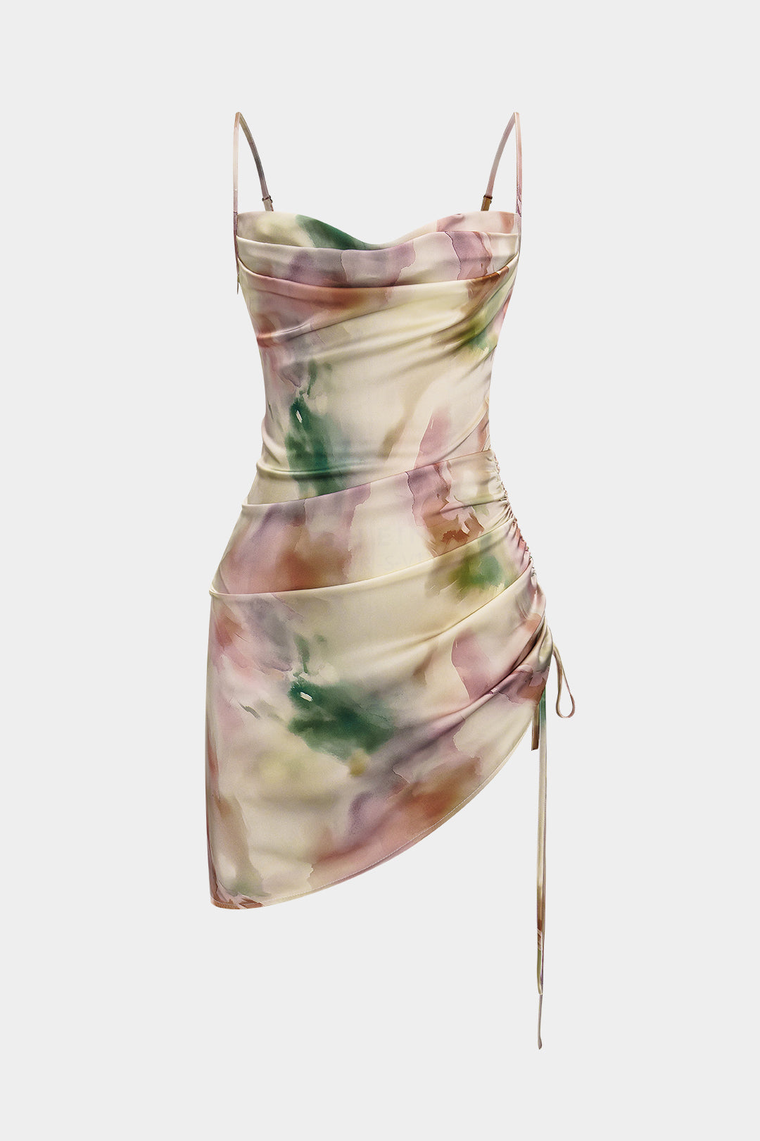 Mini sukienka bez rękawów z marszczeniem i sznurkiem w modnym stylu tie-dye