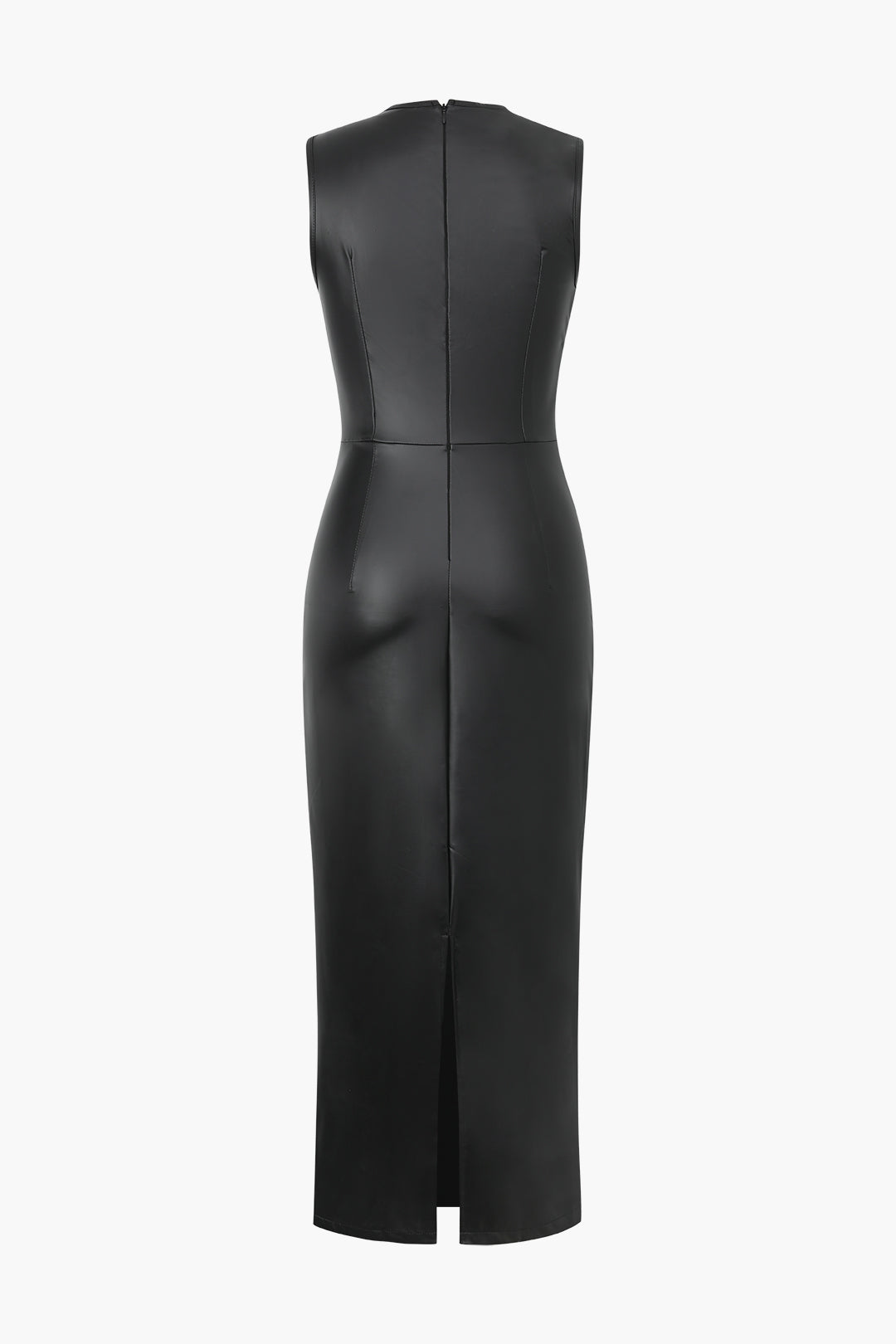 Sleeveless midi dress with gathers and slit in faux leather
