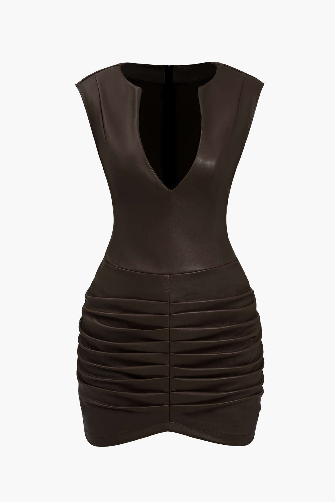Mini Bodycon Dress with Ruched Faux Leather and V-Neck