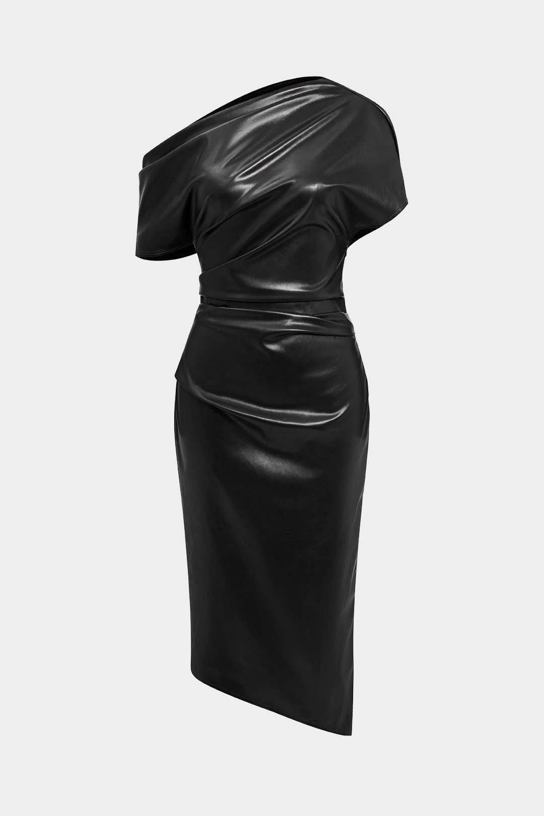 Asymmetric one-shoulder faux leather bodycon dress