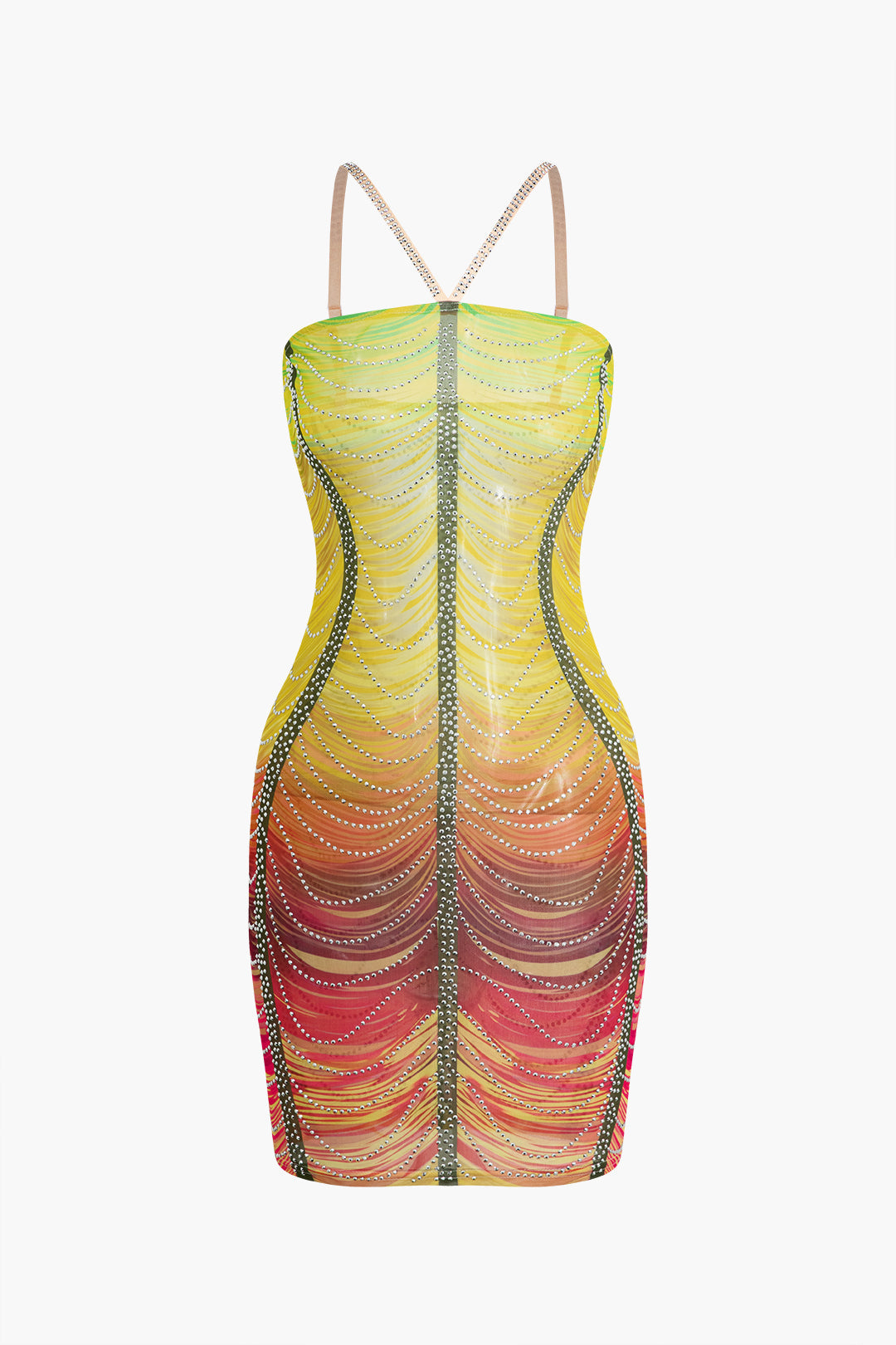 Mini Sukienka Bodycon z Kryształkami w Tęczowych Kolorach