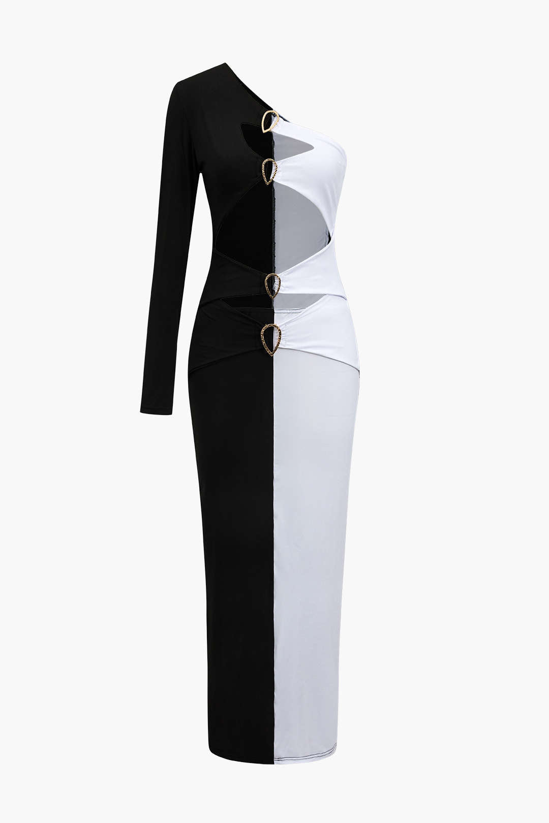 Colorful long sleeve midi dress with metal buckle on one shoulder