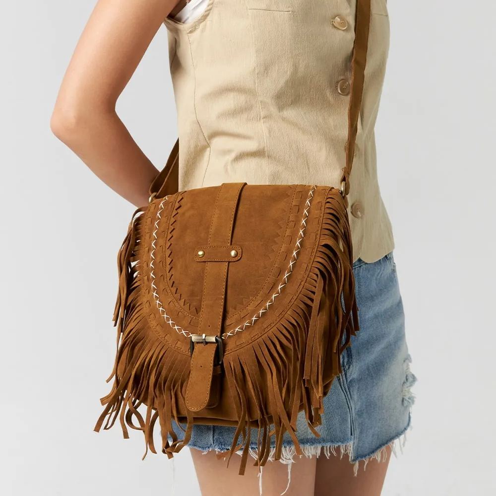 Brązowa torebka crossbody w kowbojskim stylu z frędzlami