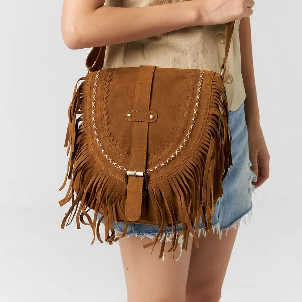 Brązowa torebka crossbody w kowbojskim stylu z frędzlami